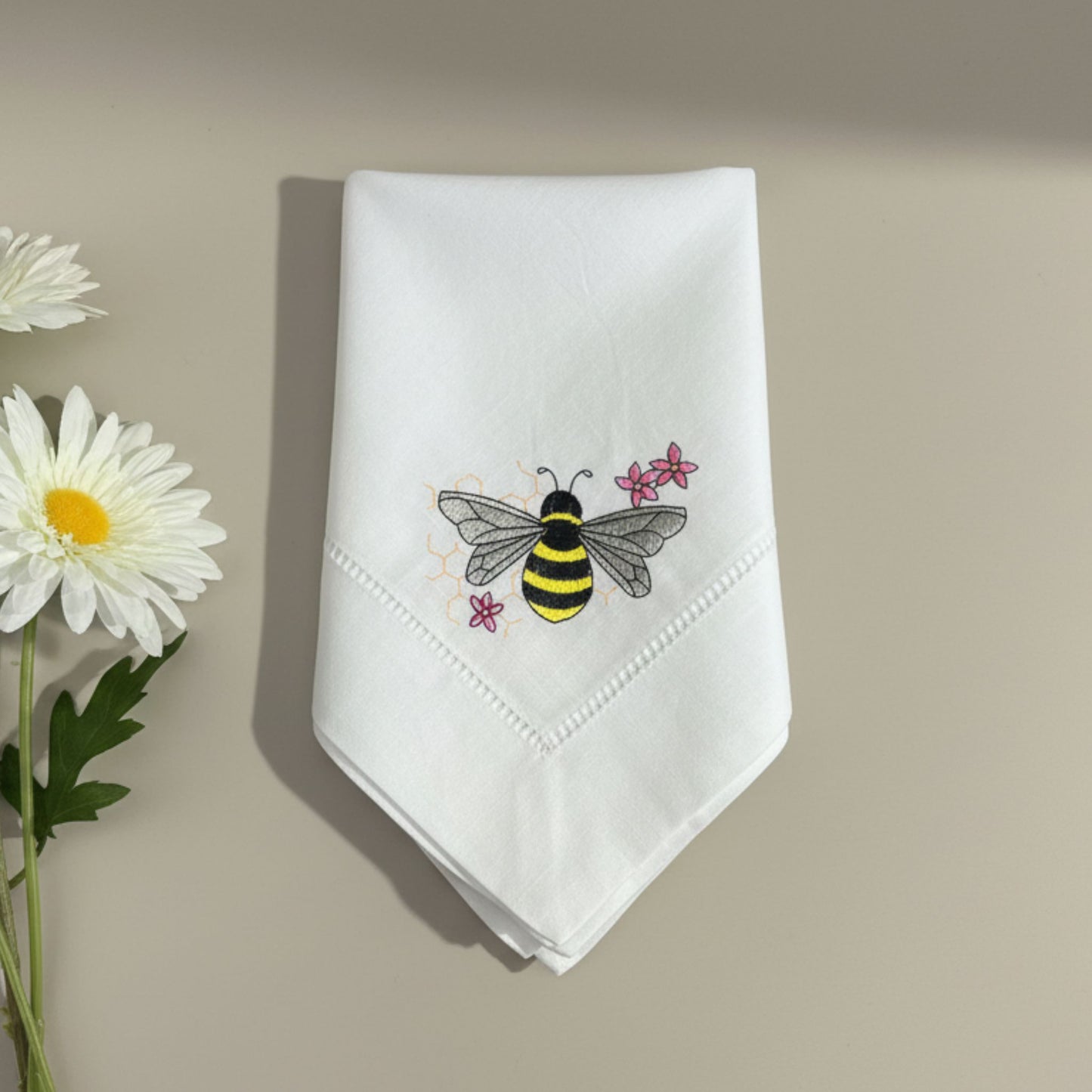 Embroidered Linen Dinner Napkin Bee Design Set of 2 | Hemstitched White | Dinning Table Decor