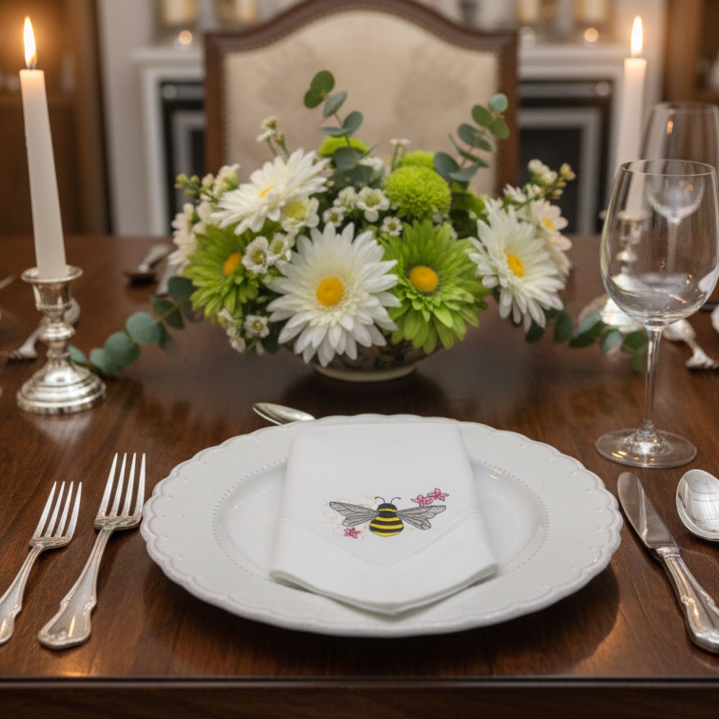 Embroidered Linen Dinner Napkin Bee Design Set of 2 | Hemstitched White | Dinning Table Decor