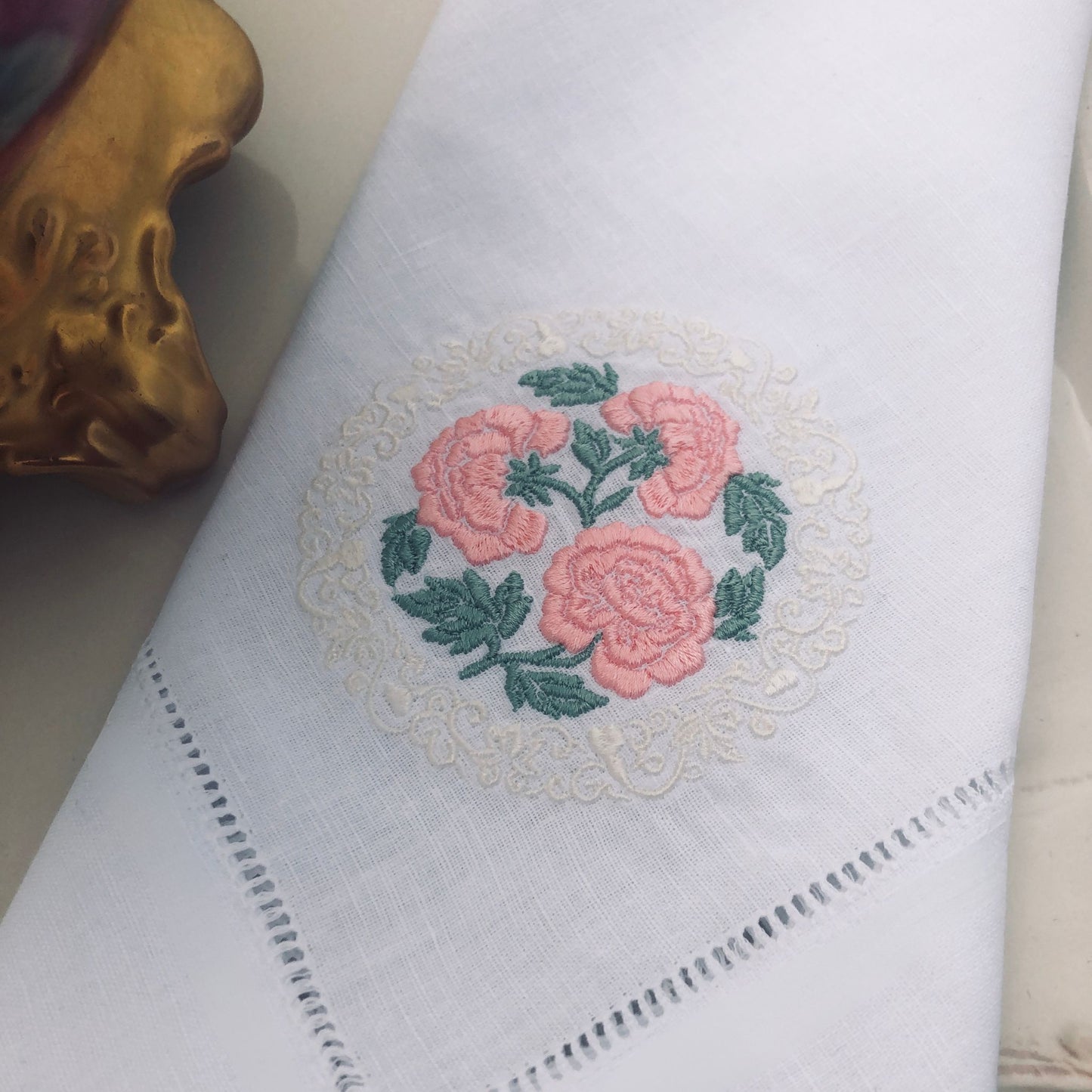 Embroidered Peonies Linen Napkins - Set of 2 - Wedding Table Linens