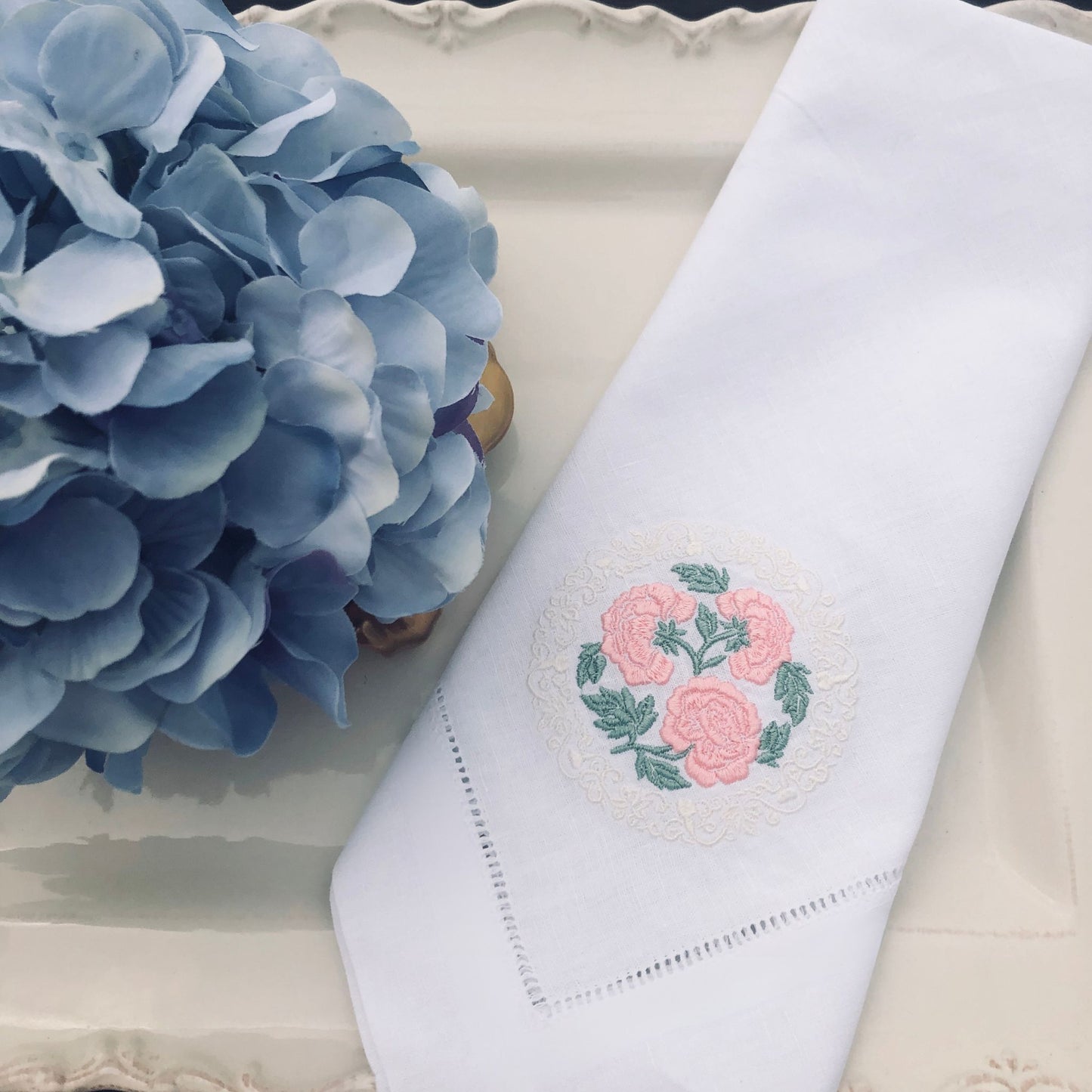 Embroidered Peonies Linen Napkins - Set of 2 - Wedding Table Linens