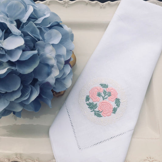 Embroidered Peonies Linen Napkins - Set of 2 - Wedding Table Linens