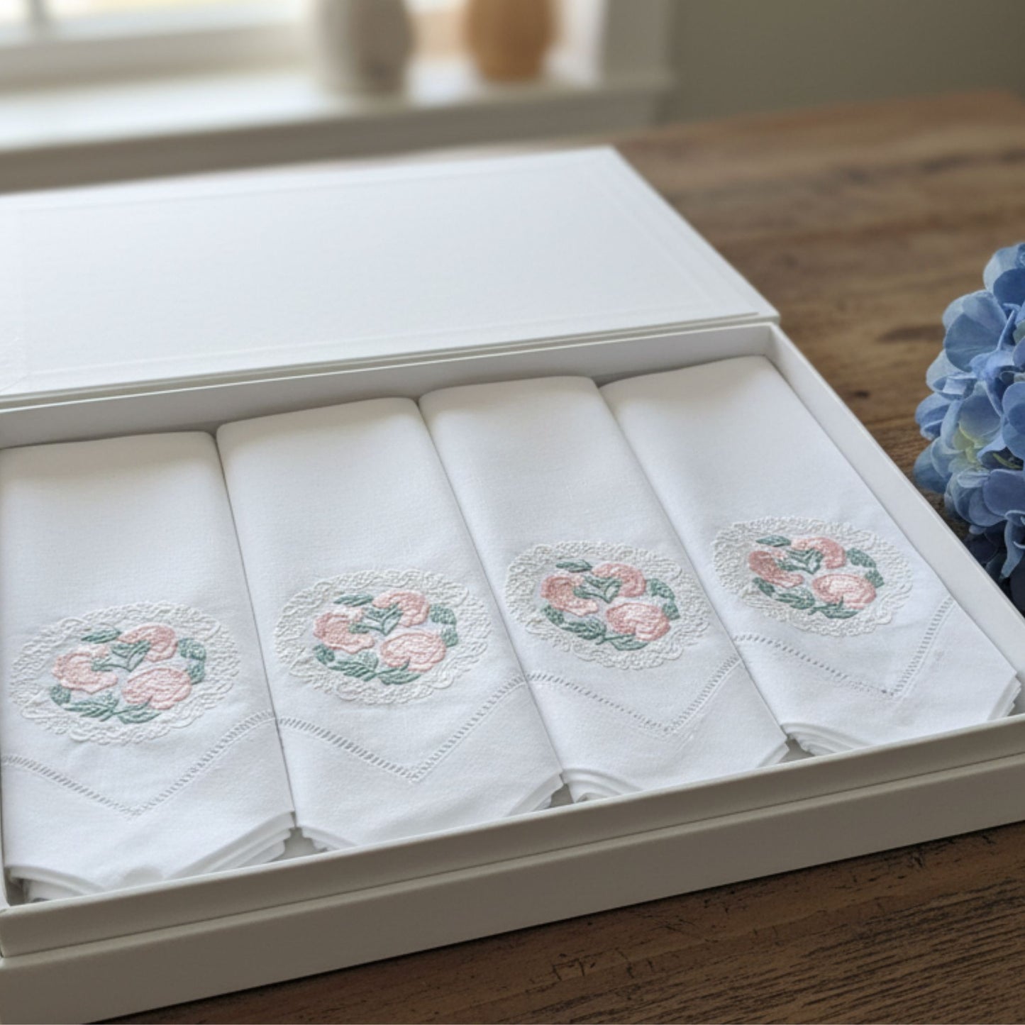 Embroidered Peonies Linen Napkins - Set of 2 - Wedding Table Linens