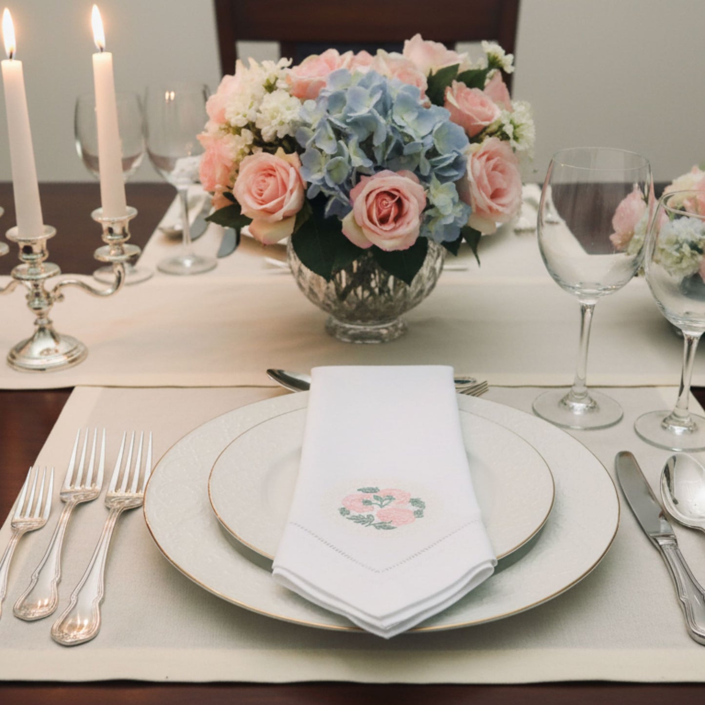 Embroidered Peonies Linen Napkins - Set of 2 - Wedding Table Linens