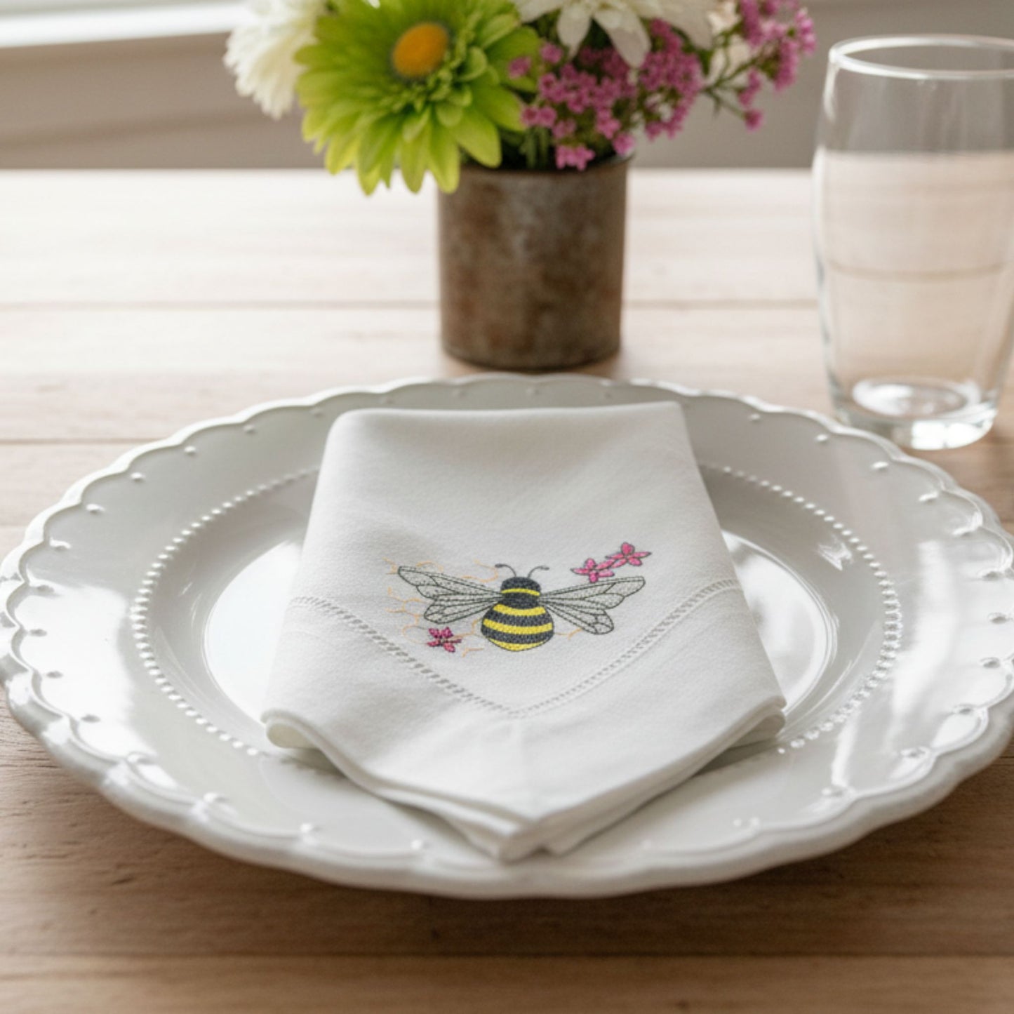 Embroidered Linen Dinner Napkin Bee Design Set of 2 | Hemstitched White | Dinning Table Decor