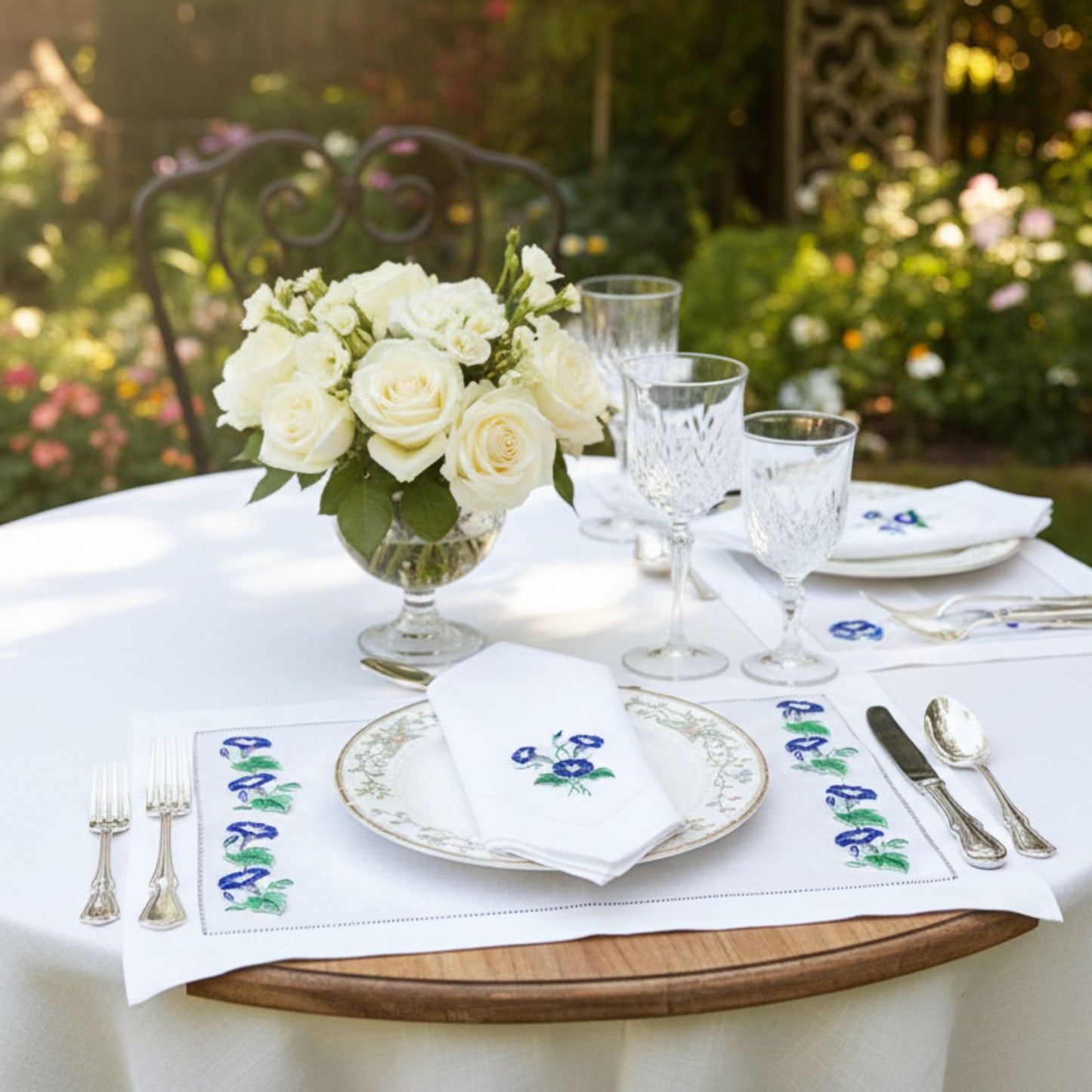 Embroidered Linen Dinner Napkins: Morning Glory Floral, Set of 2