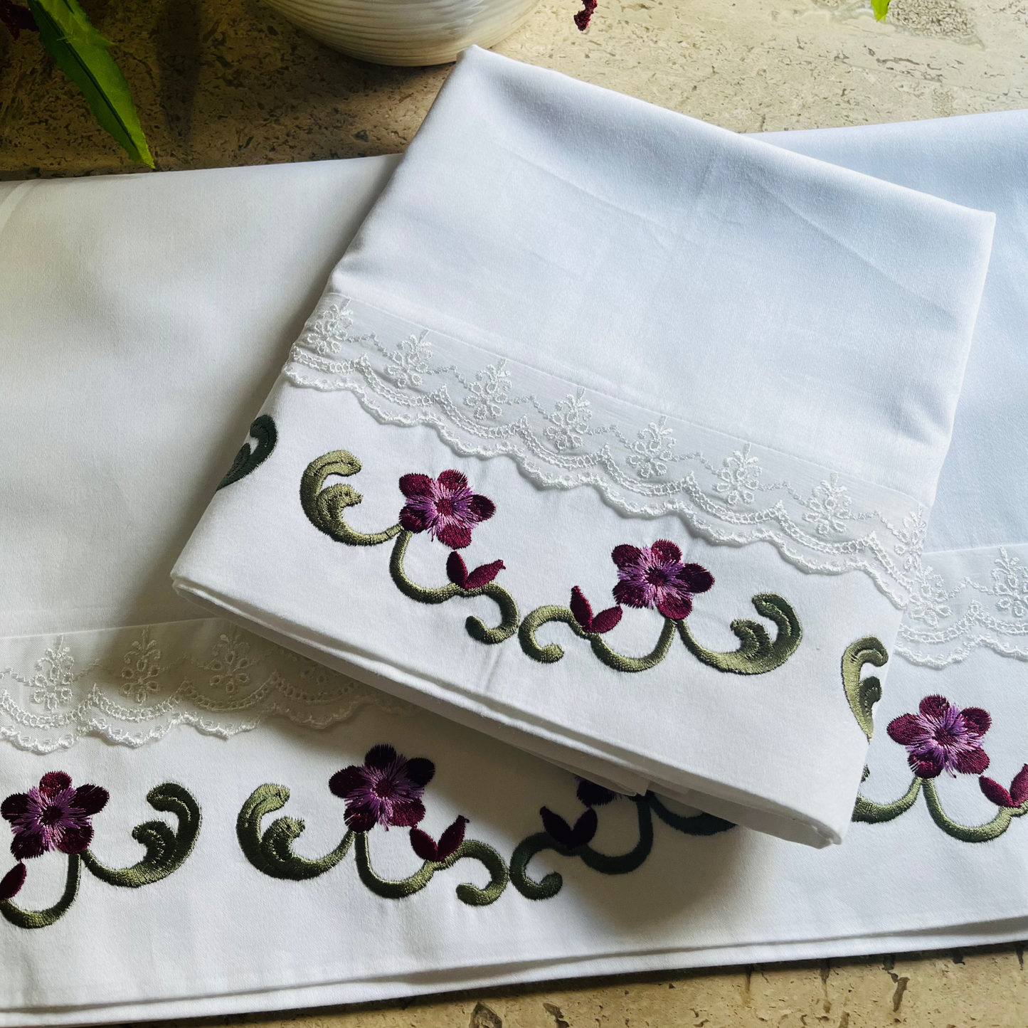 Embroidered Flower Motif Bed Sheets