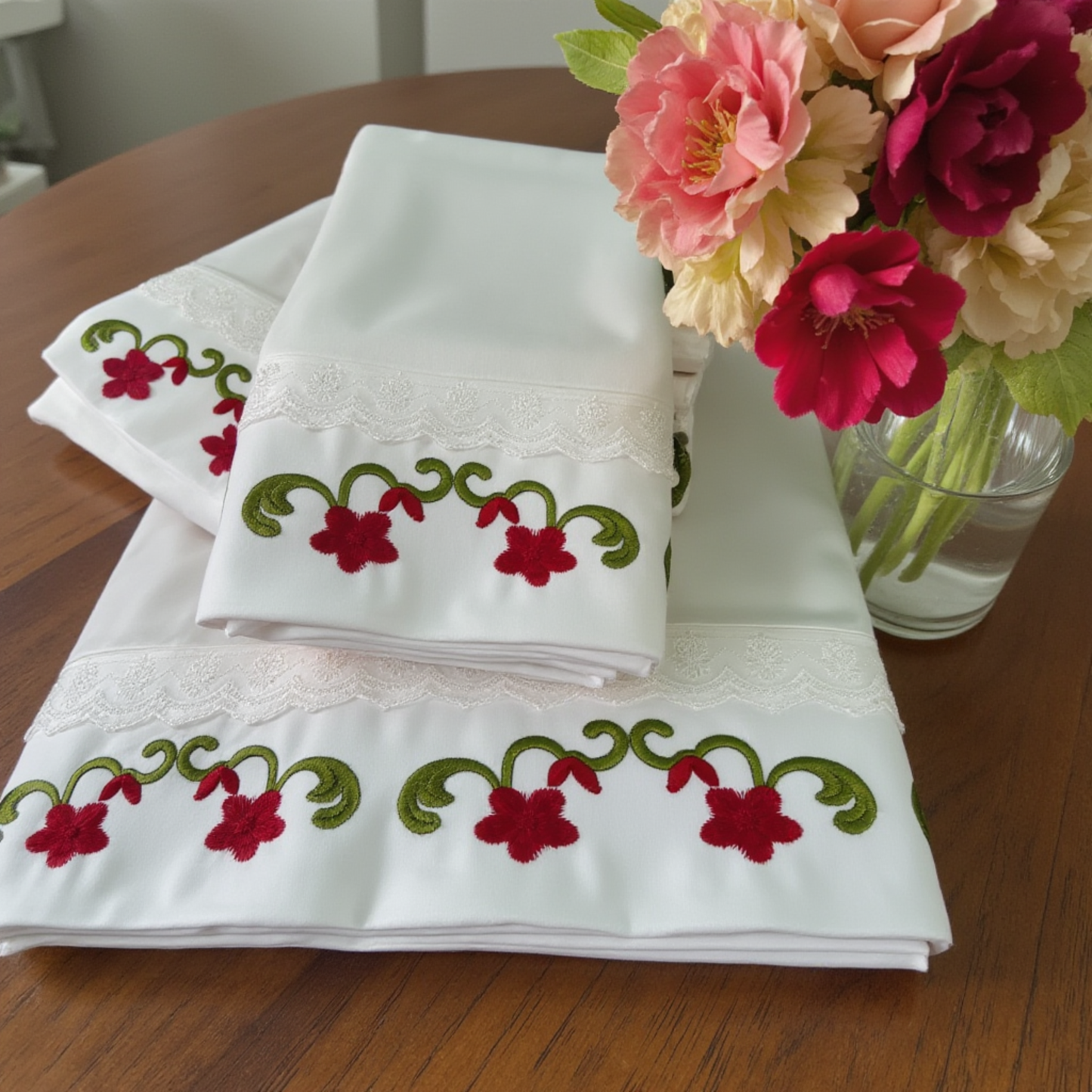 Embroidered Flower Motif Bed Sheets