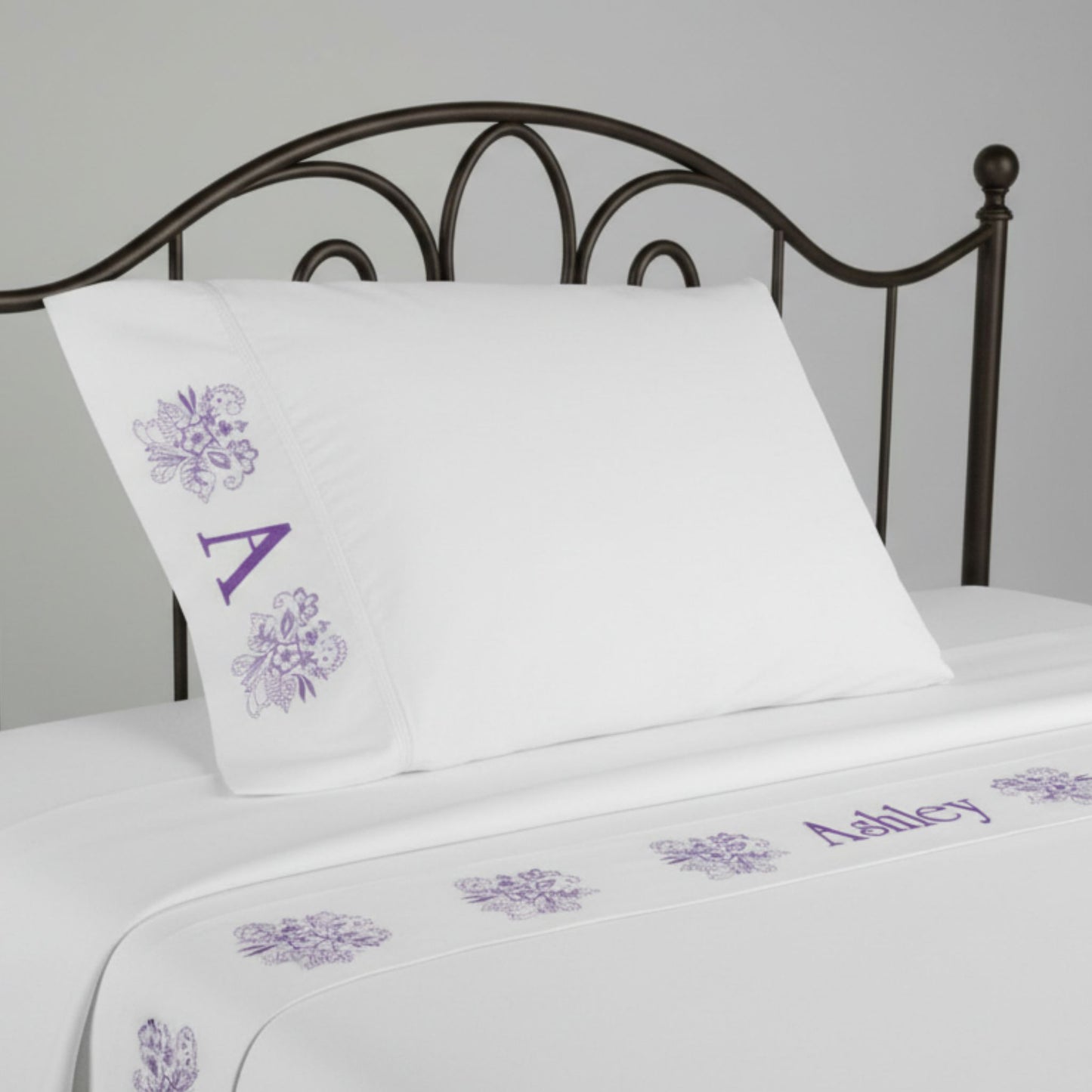 Floral Embroidery Personalized Bed Sheets | Personalized Linen with Monogram and Vintage Lace