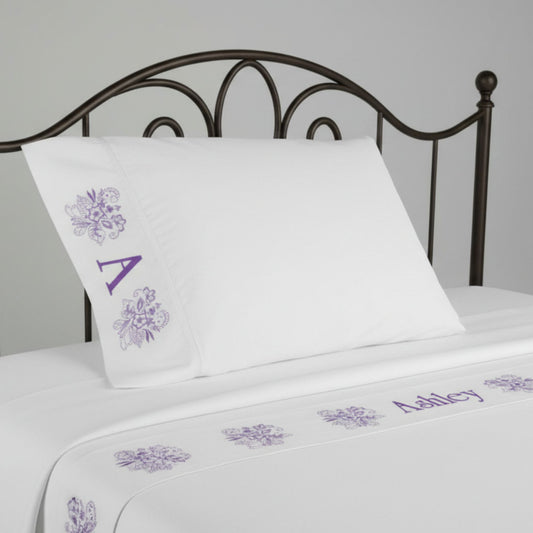 Floral Embroidery Cotton Bed Sheets | Personalized Linen with Monogram and Vintage Lace