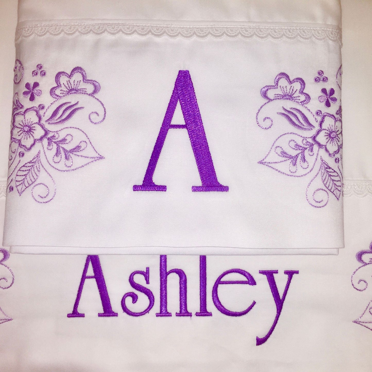 Floral Embroidery Personalized Bed Sheets | Personalized Linen with Monogram and Vintage Lace