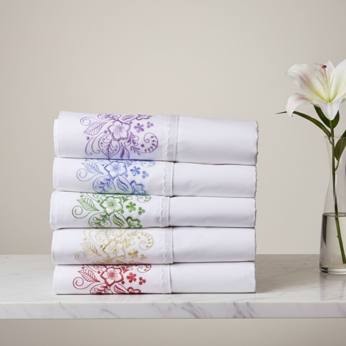 Floral Embroidery Personalized Bed Sheets | Personalized Linen with Monogram and Vintage Lace