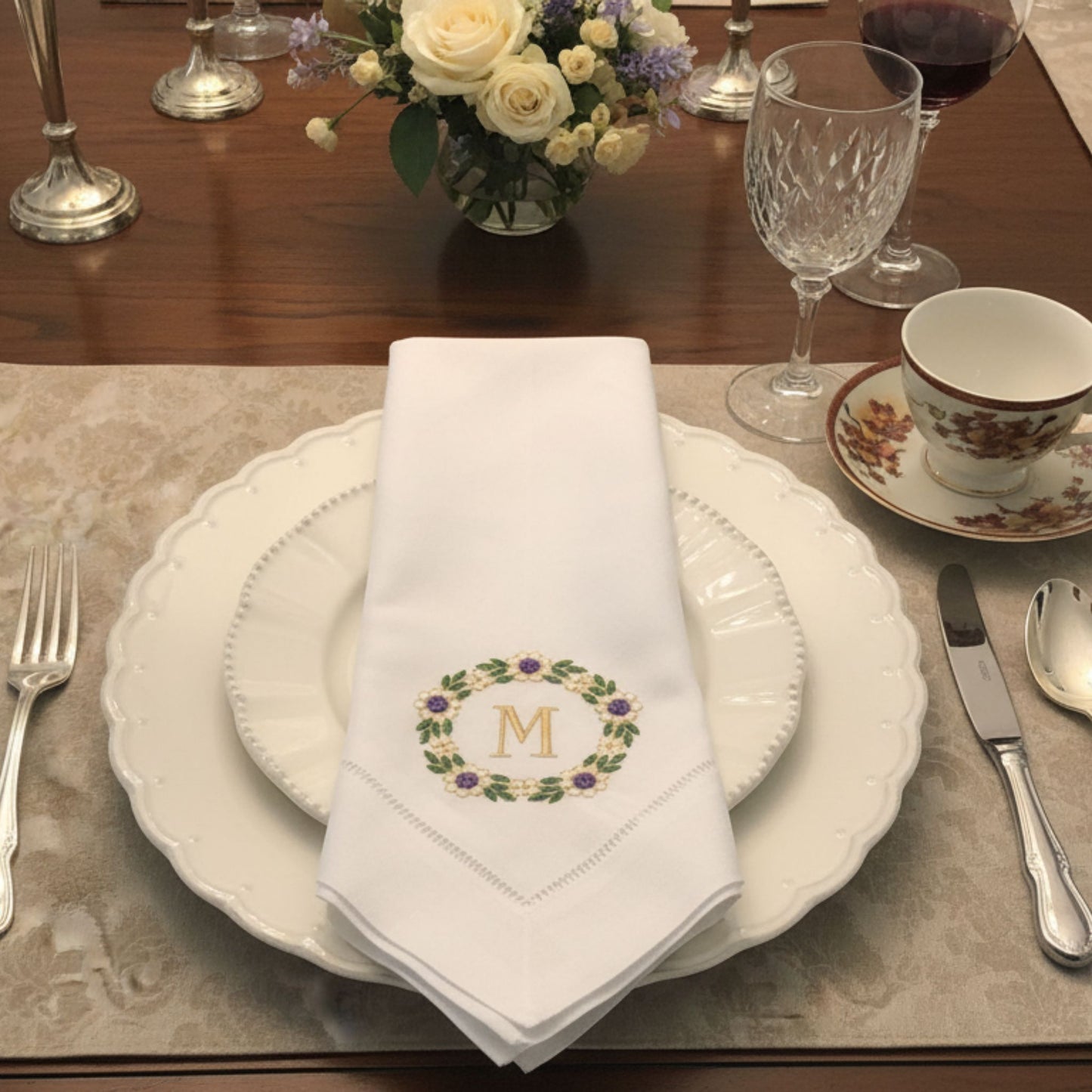 Floral Monogram Linen Napkins (Set of 2)/ Embroidered Dinner Linens / Home Decor