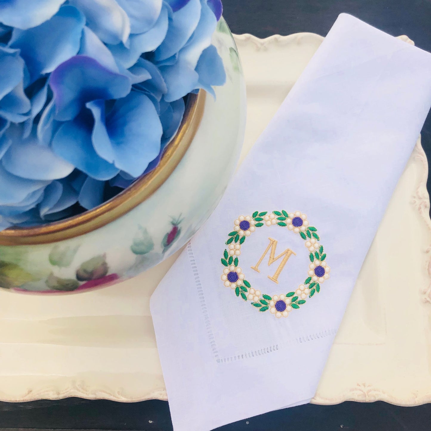 Floral Monogram Linen Napkins (Set of 2)/ Embroidered Dinner Linens / Home Decor