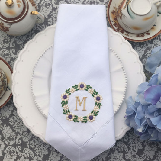 Floral Monogram Linen Napkins (Set of 2)/ Embroidered Dinner Linens / Home Decor