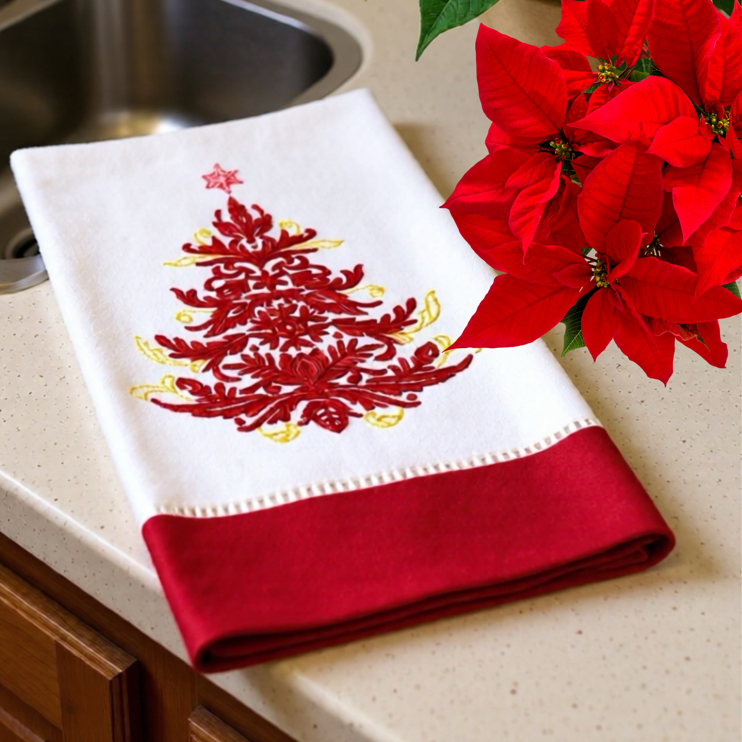 Guest Linen Towel Christmas Tree Embroidery - Holiday Decor