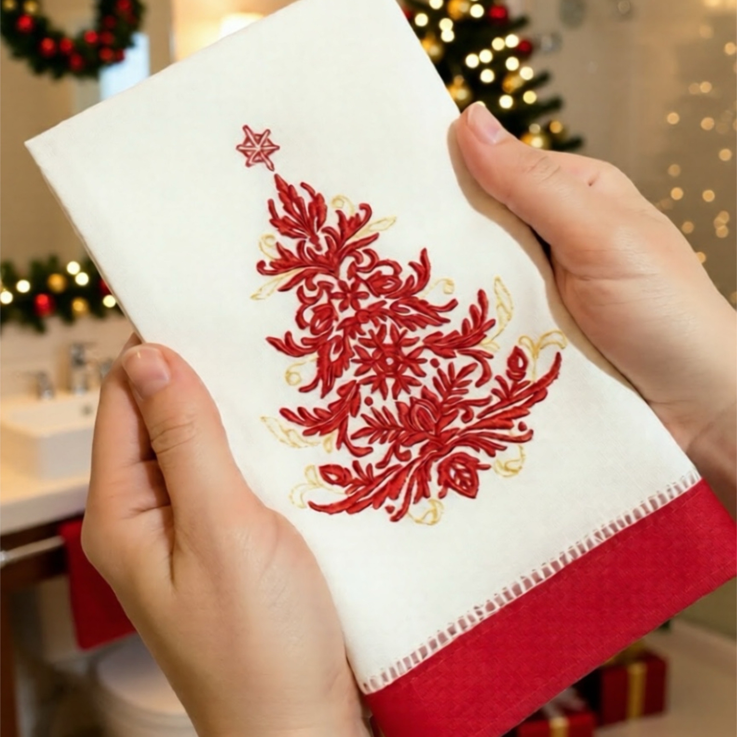 Guest Linen Towel Christmas Tree Embroidery - Holiday Decor