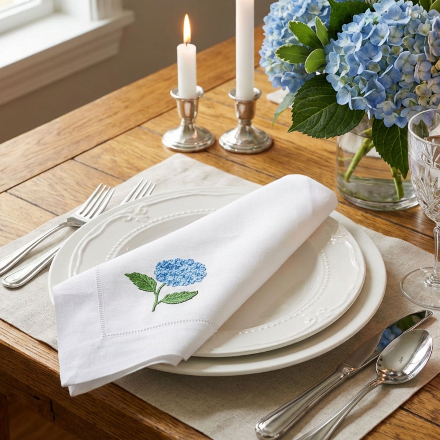Hydrangea Linen Napkin | Embroidered Floral Dinner Napkin