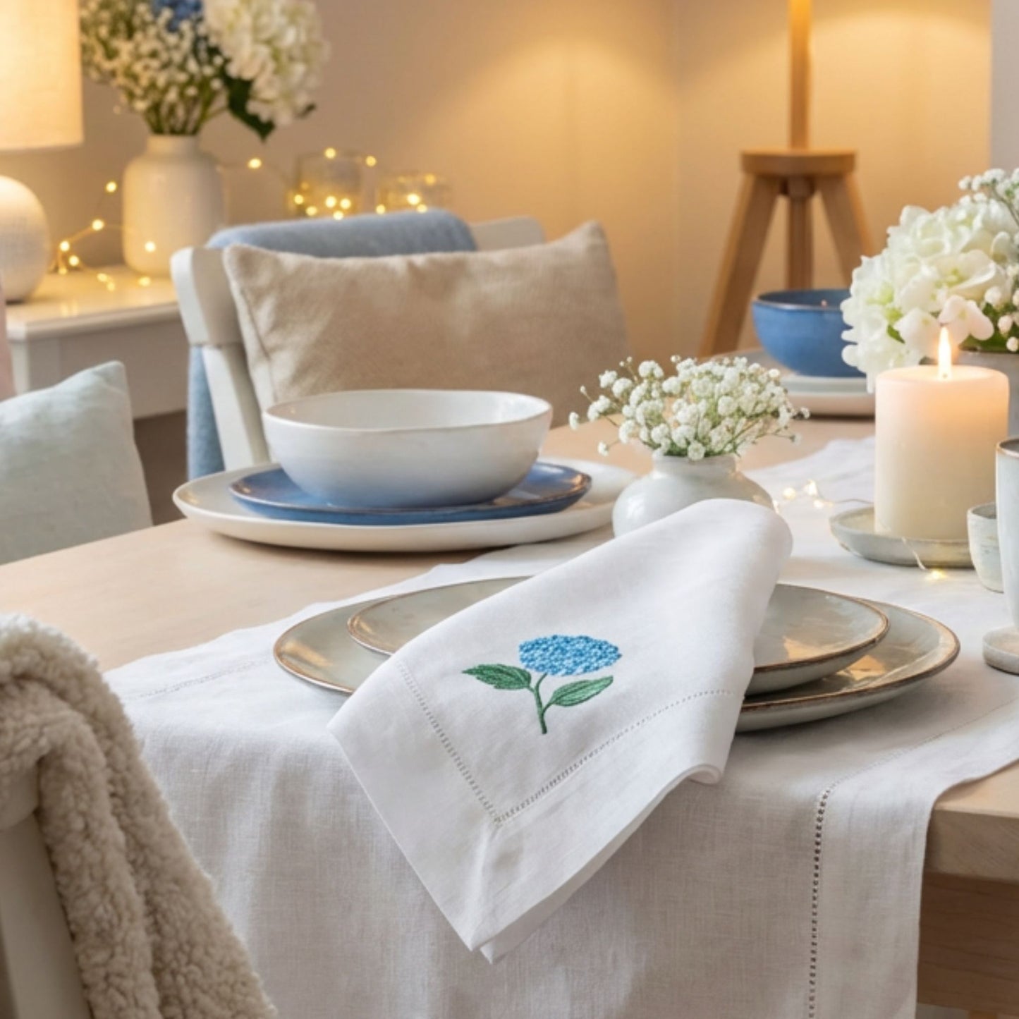 Hydrangea Linen Napkin | Embroidered Floral Dinner Napkin