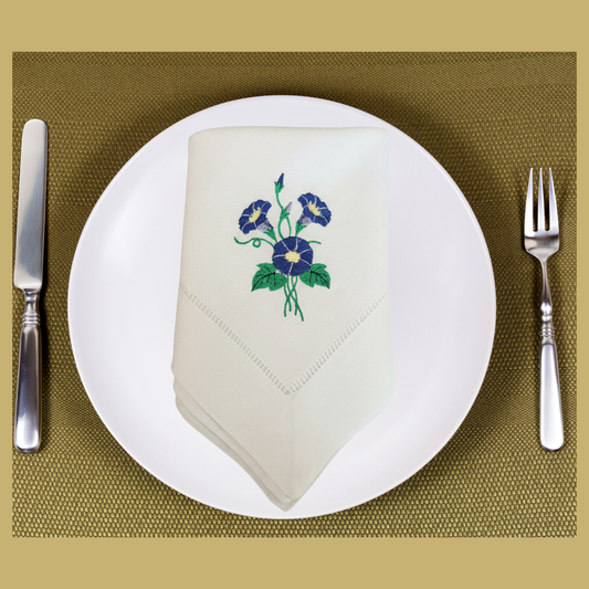Morning Glory Embroidered Linen Dinner Napkins – Floral Table Décor