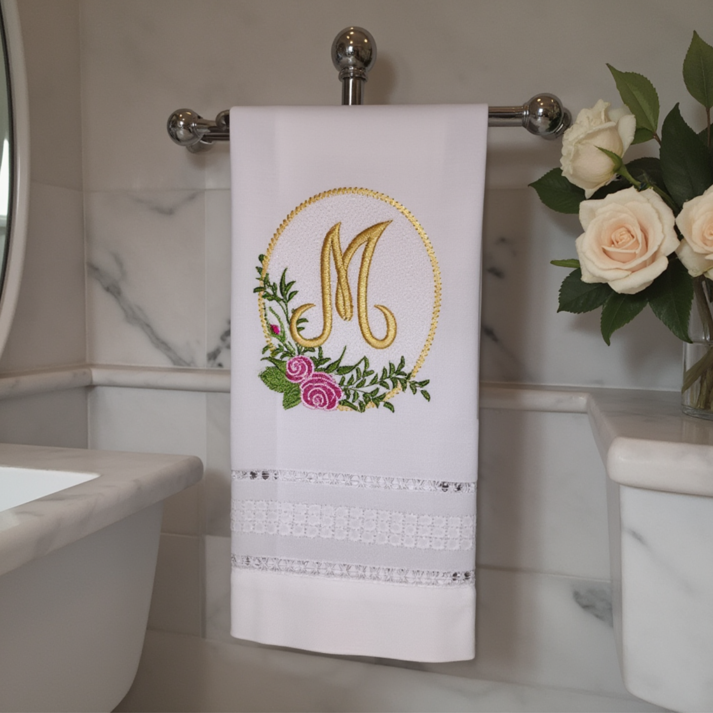 Luxury Linen Guest Towel with Heirloom Roses Monogram – Custom Embroidery