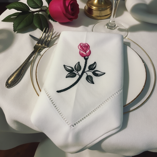 Elegant Rosebud Embroidered Linen-Cotton Dinner Napkins – Set of 2