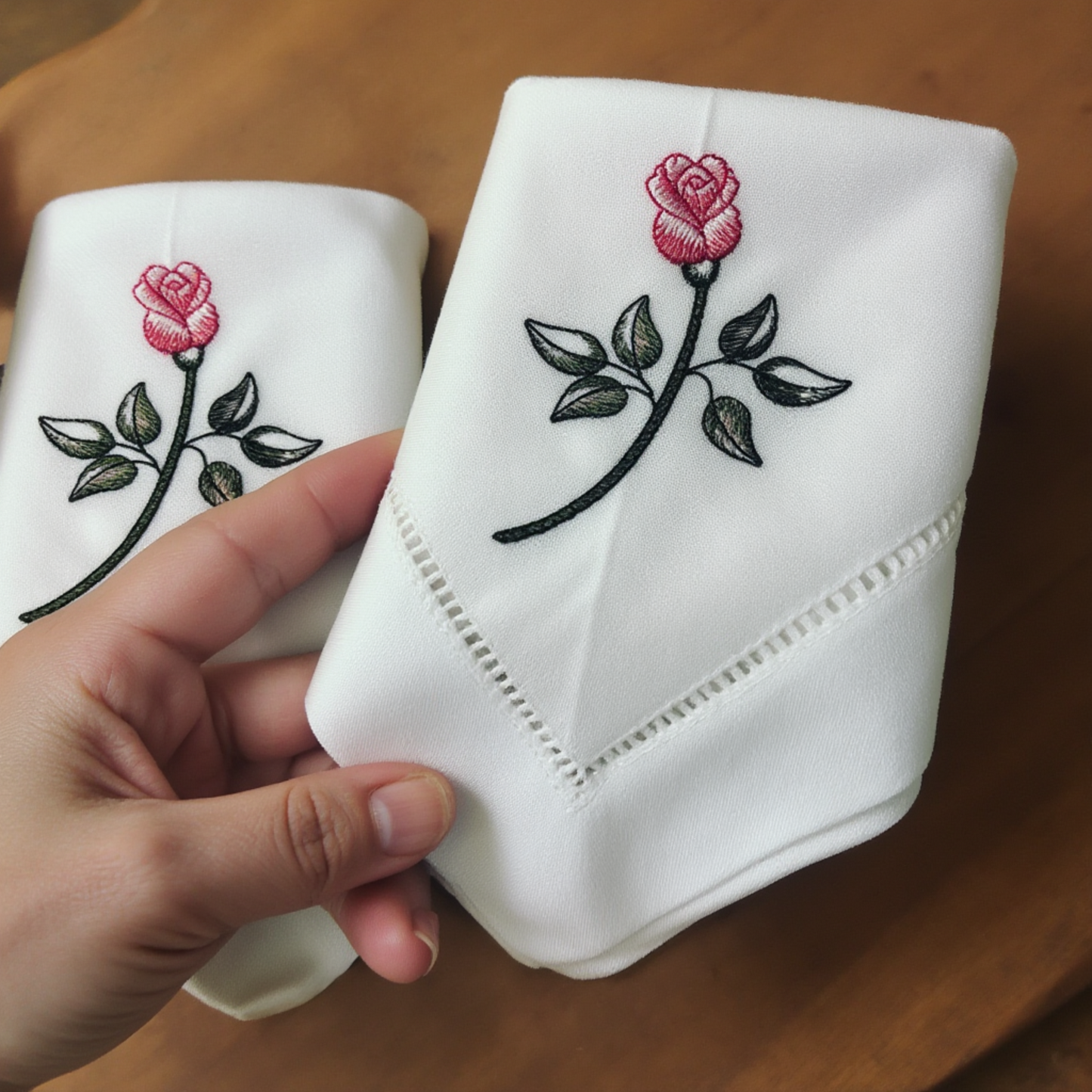 Elegant Rosebud Embroidered Linen-Cotton Dinner Napkins – Set of 2