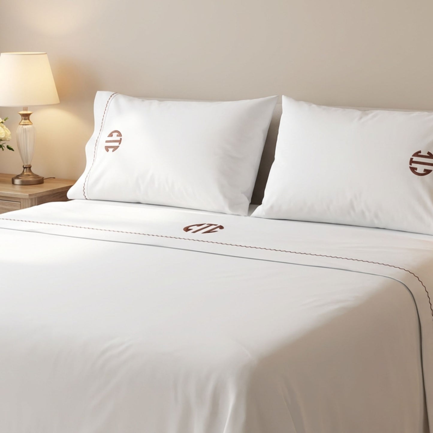 Luxury Monogrammed Egyptian Cotton Bed Sheet Set -600 Thread Count with Custom Scalloped Border