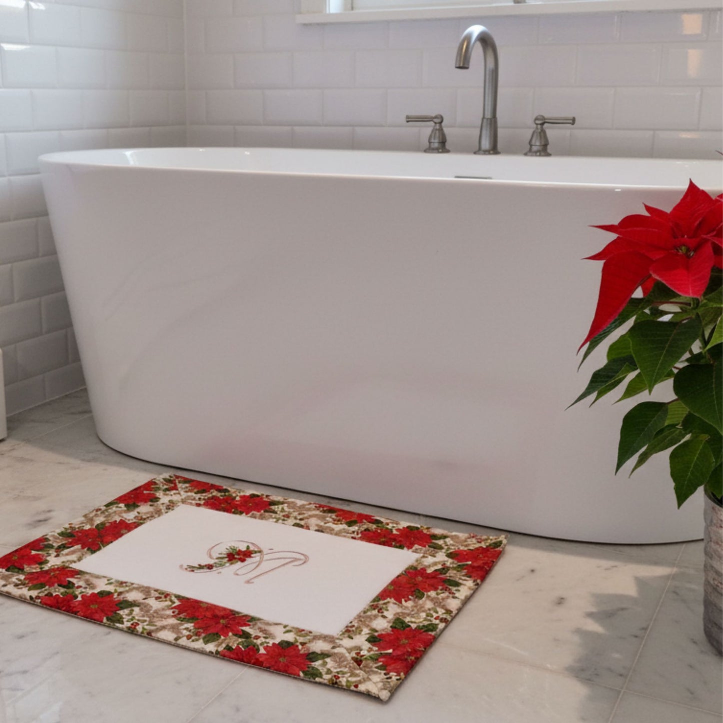 Monogrammed Christmas Bath Mat / Poinsettia Design Holiday Decor