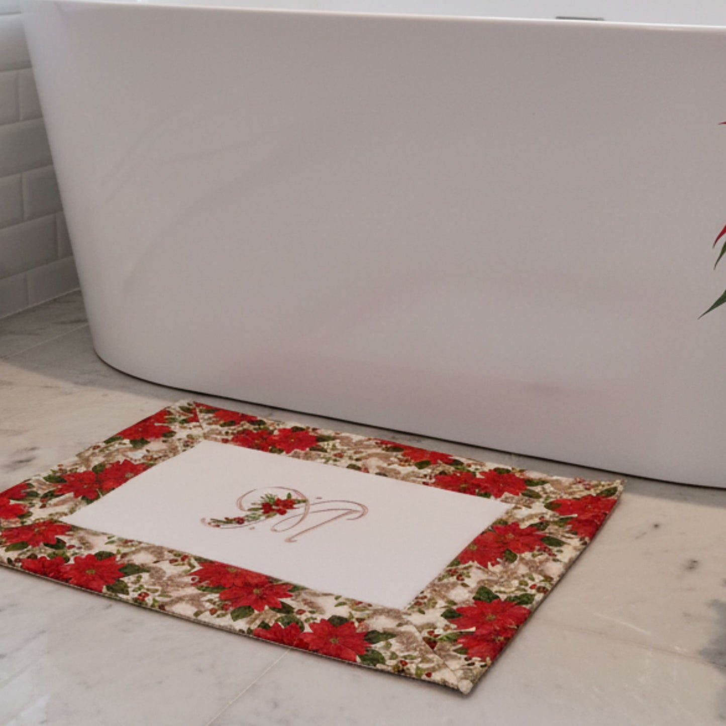 Monogrammed Christmas Bath Mat / Poinsettia Design Holiday Decor