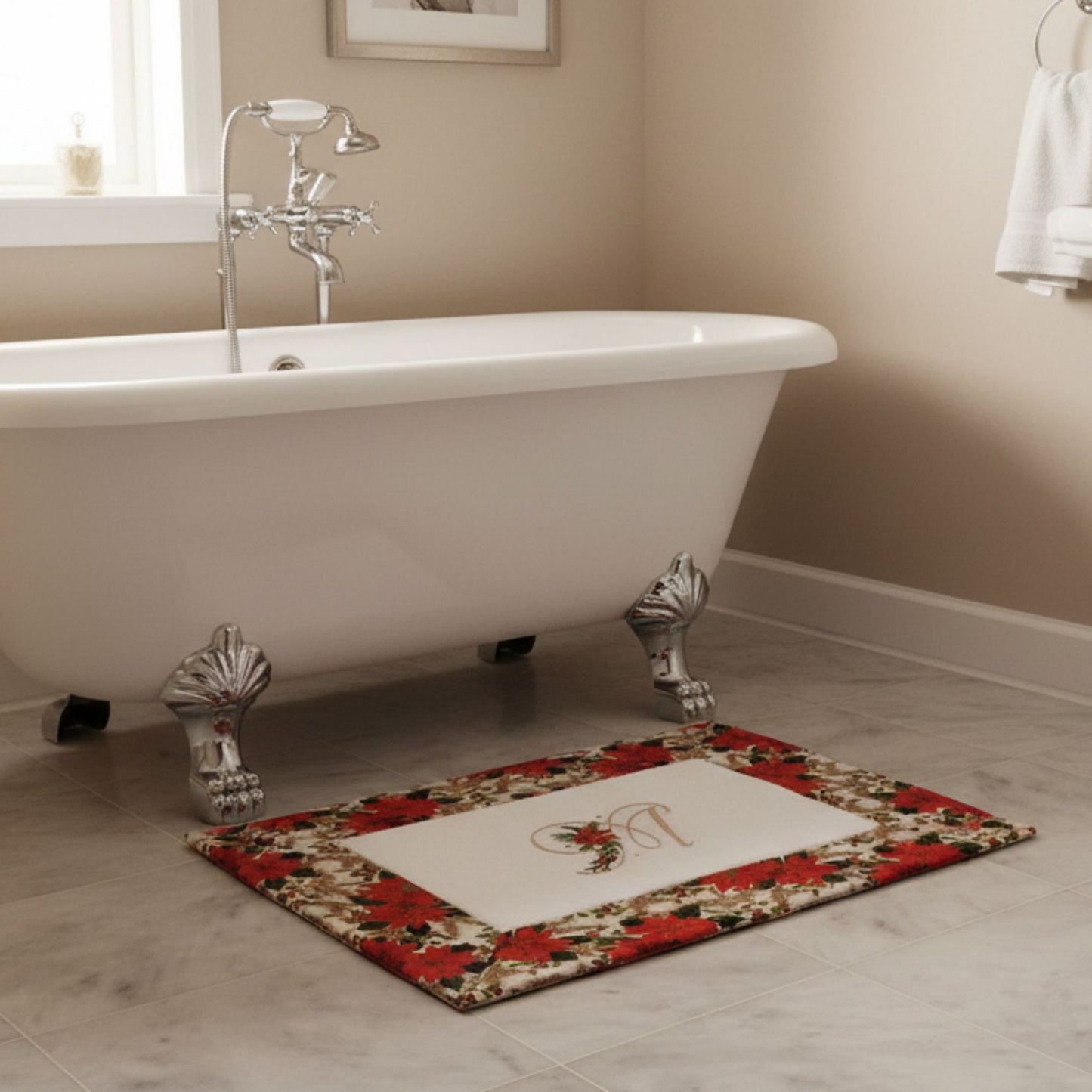 Monogrammed Christmas Bath Mat / Poinsettia Design Holiday Decor