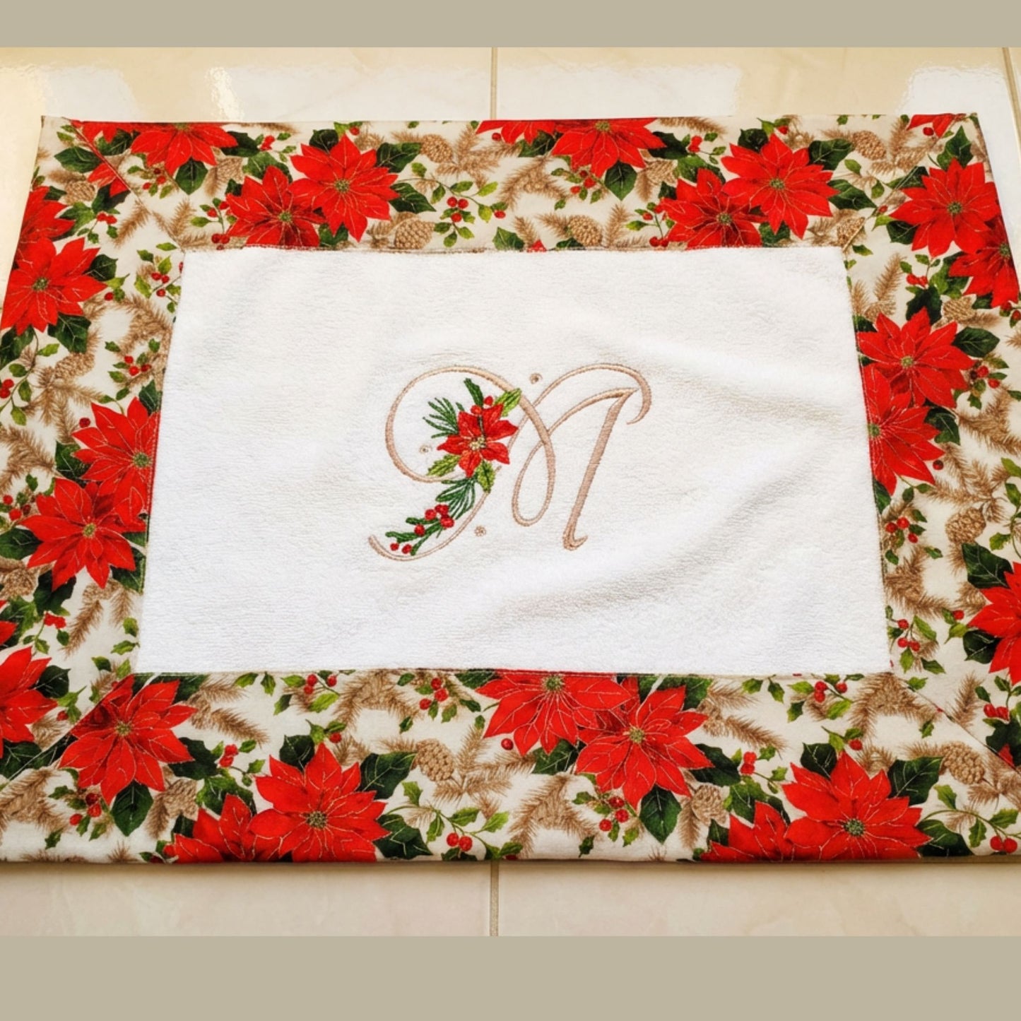 Monogrammed Christmas Bath Mat / Poinsettia Design Holiday Decor