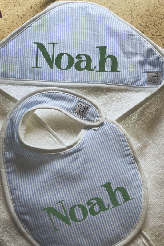 Light Blue Seersucker Classic Bath Towel & Bib Personalized