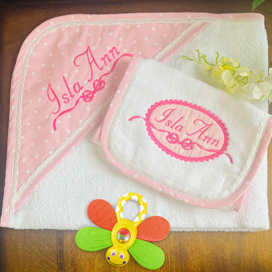 Personalized Pink Polka Dot Baby Bath Towel & Burp Cloth