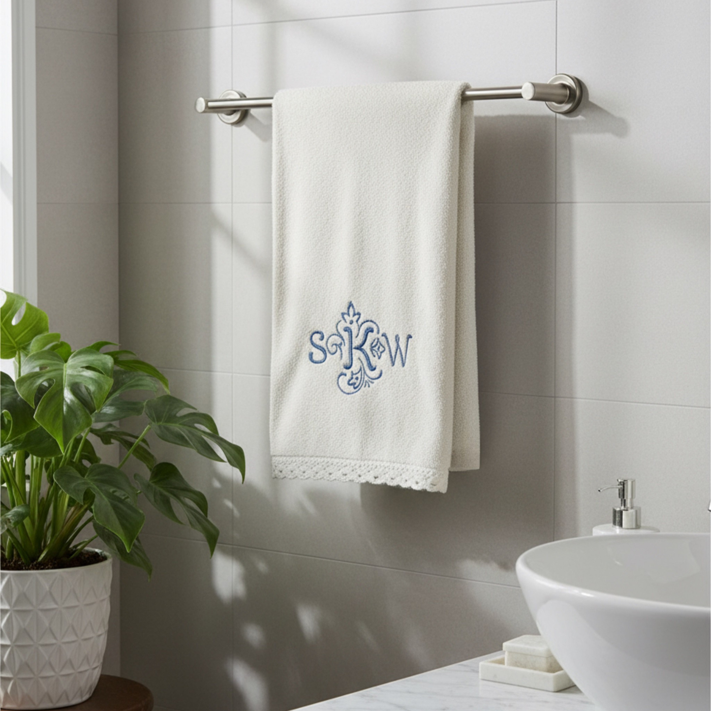 Monogrammed Bath Towel Set with Lace Border, Personalized Gift, Home Decor