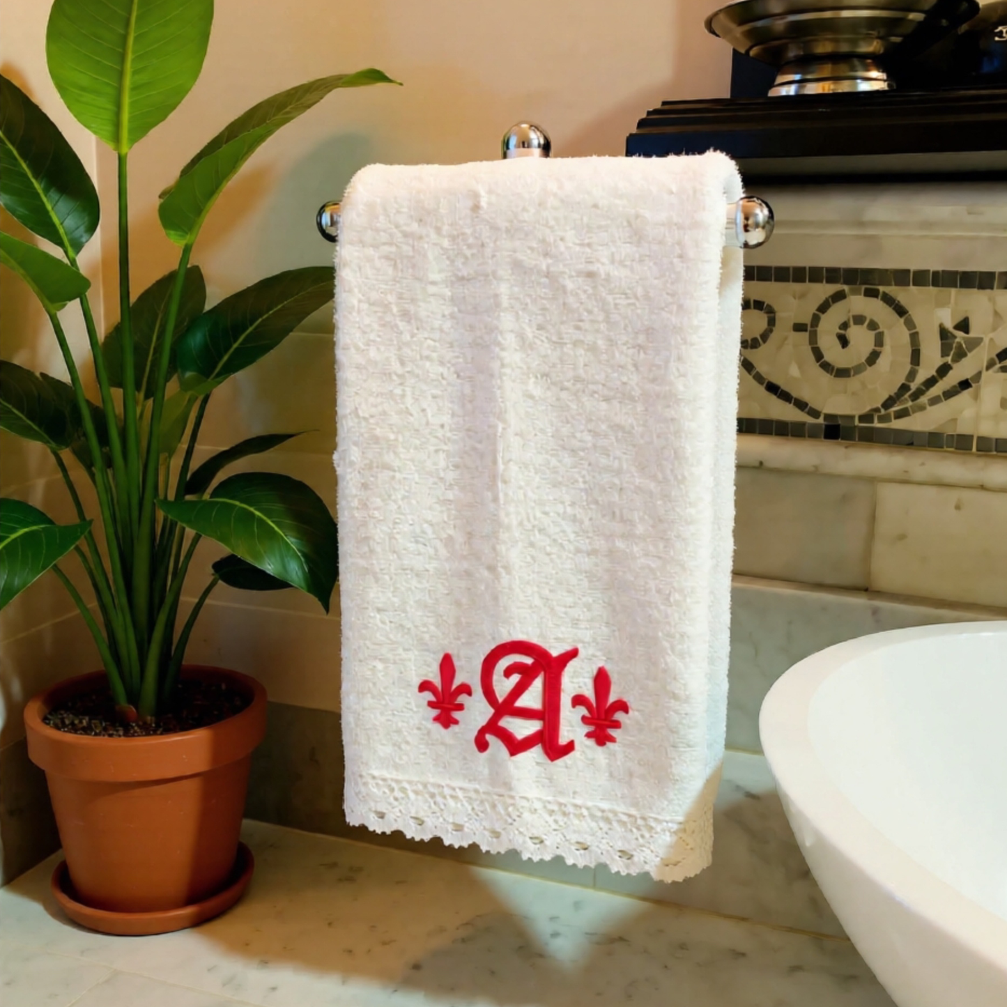 Monogrammed Bath Towel Set with Lace Border, Personalized Gift, Home Decor