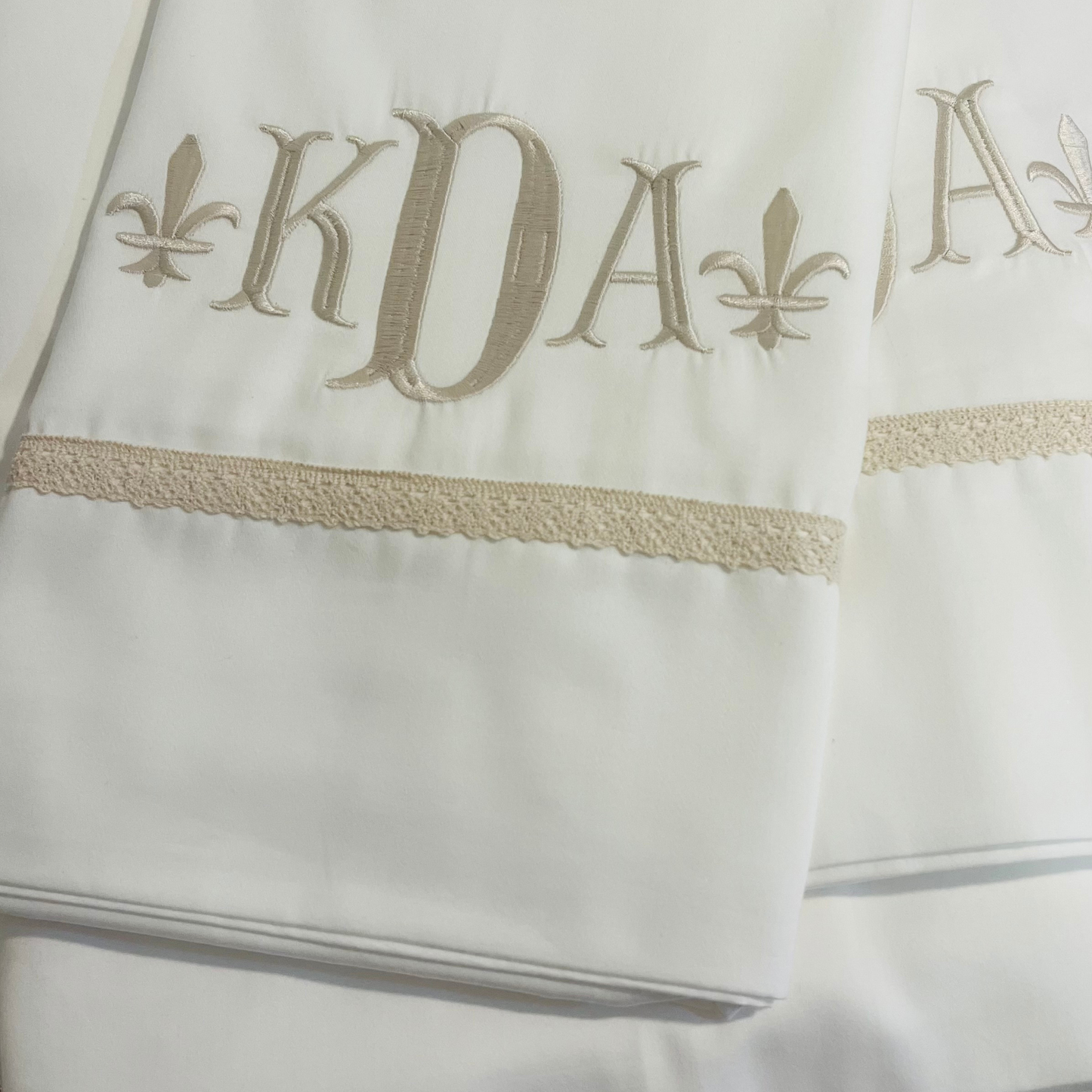Monogrammed Bed Sheets With Beige Lace Border