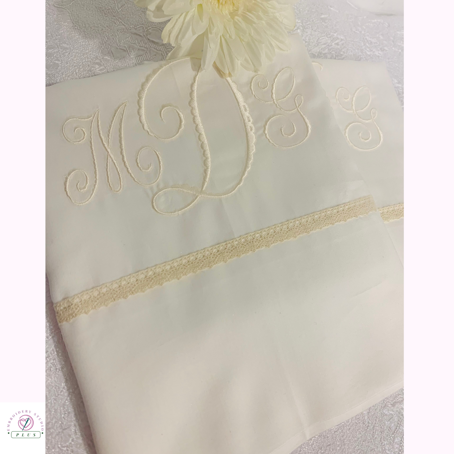 Monogrammed Bed Sheets With Beige Lace Border