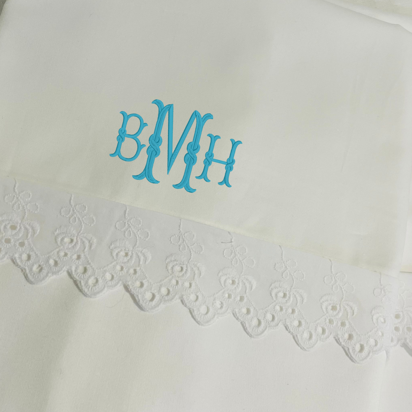 Monogrammed Bed Sheets with Eyelet Lace Trim
