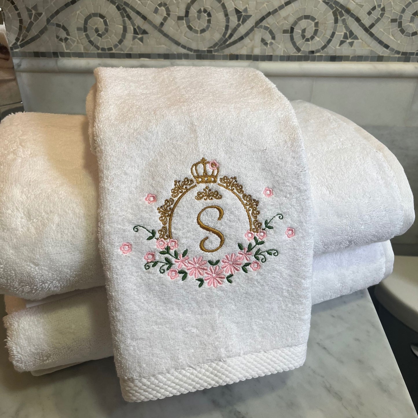 Crown with Flowers Monogrammed Towel Set