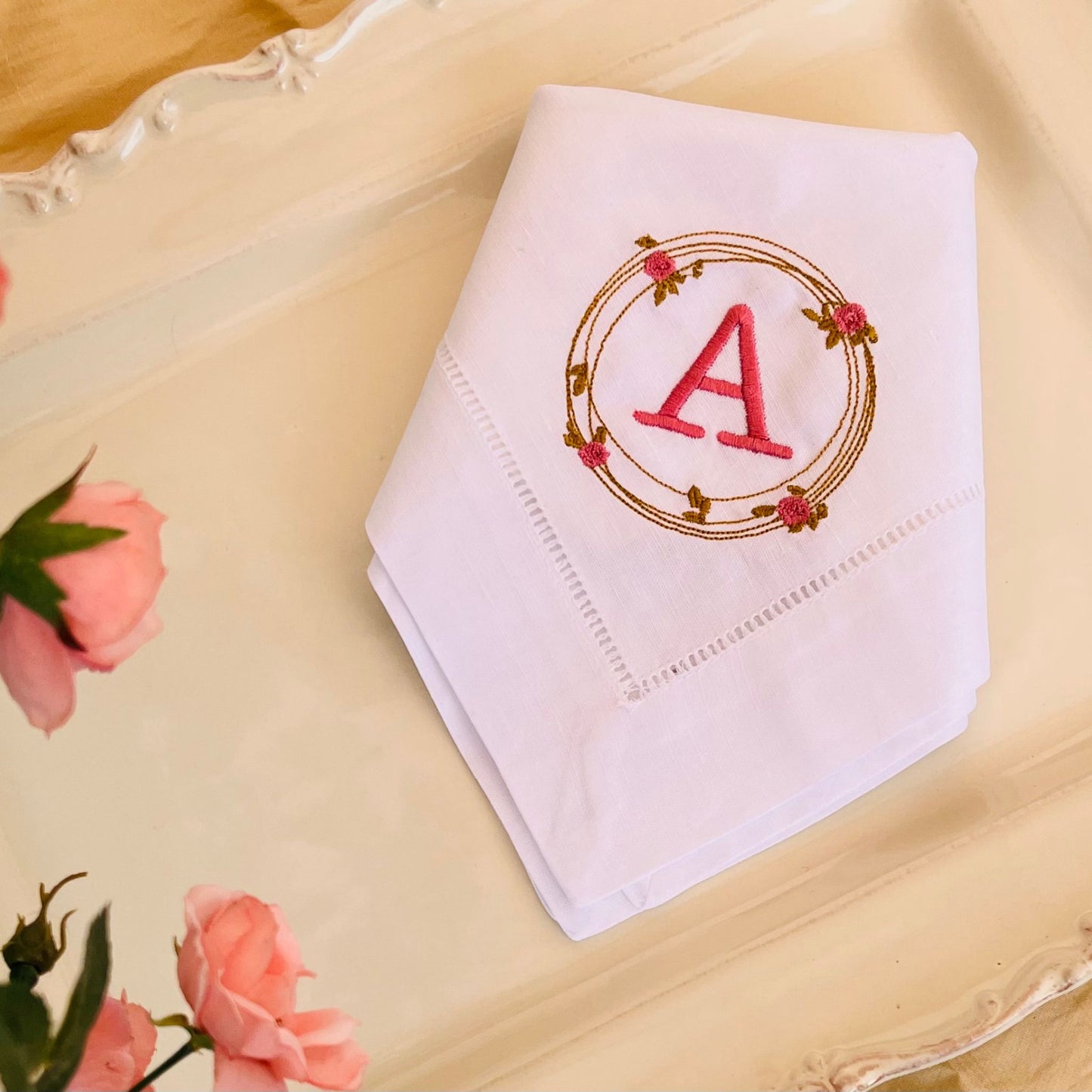 Monogrammed Linen Dinner Napkins Set of 2,  Hemstitched Rose Wreath design, Wedding Tableware