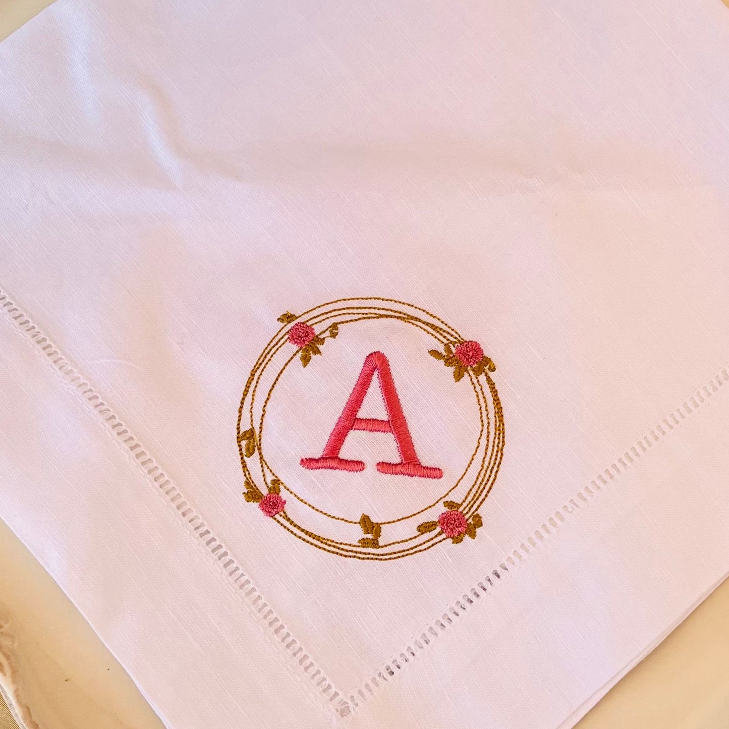 Monogrammed Linen Dinner Napkins Set of 2,  Hemstitched Rose Wreath design, Wedding Tableware