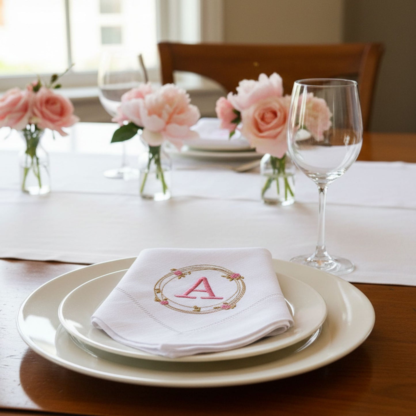 Monogrammed Linen Dinner Napkins Set of 2,  Hemstitched Rose Wreath design, Wedding Tableware