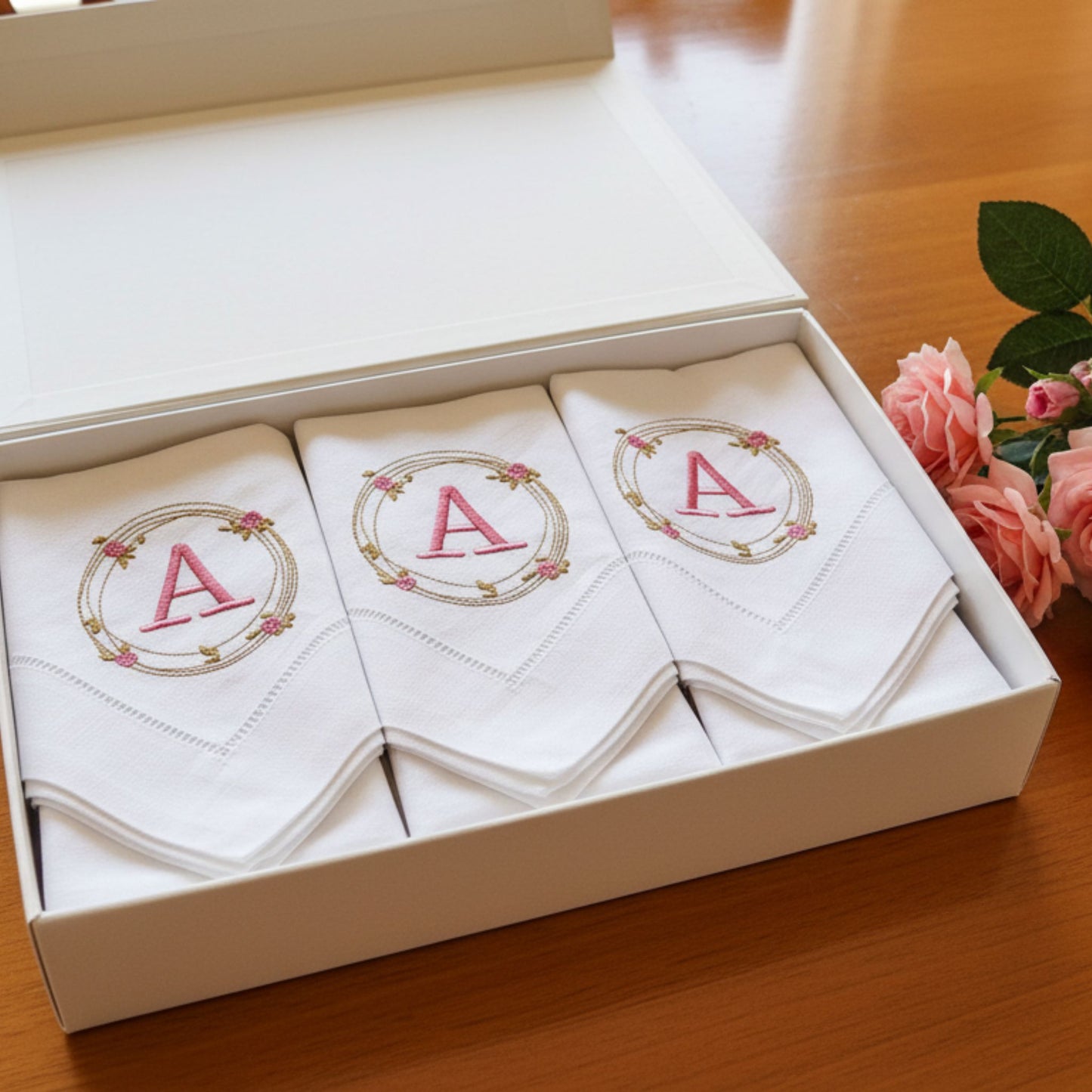 Monogrammed Linen Dinner Napkins Set of 2,  Hemstitched Rose Wreath design, Wedding Tableware