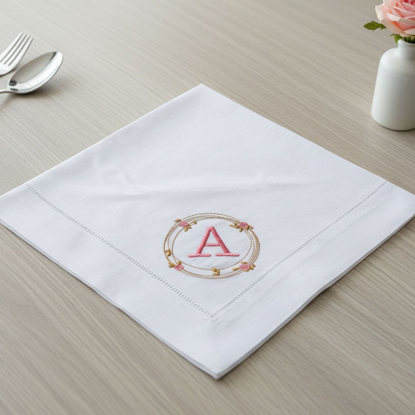 Monogrammed Linen Dinner Napkins Set of 2,  Hemstitched Rose Wreath design, Wedding Tableware