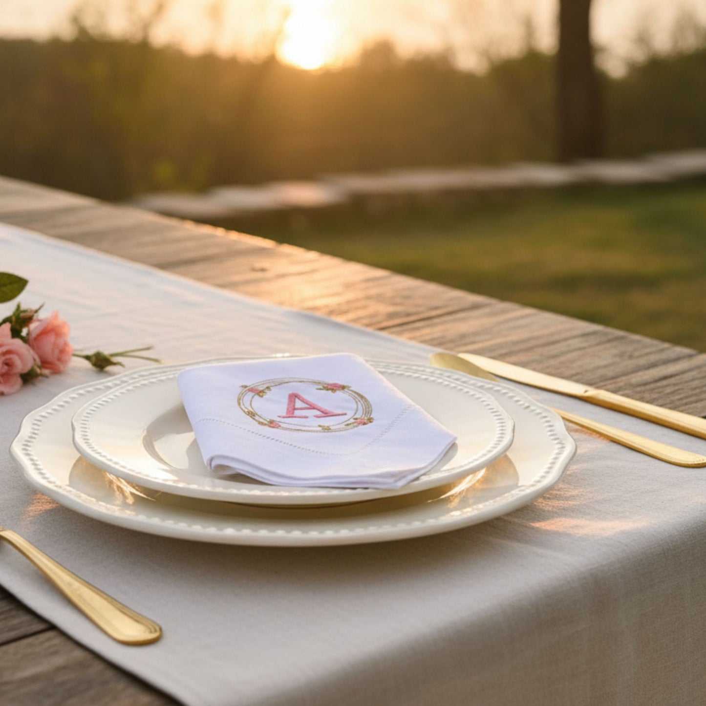 Monogrammed Linen Dinner Napkins Set of 2,  Hemstitched Rose Wreath design, Wedding Tableware