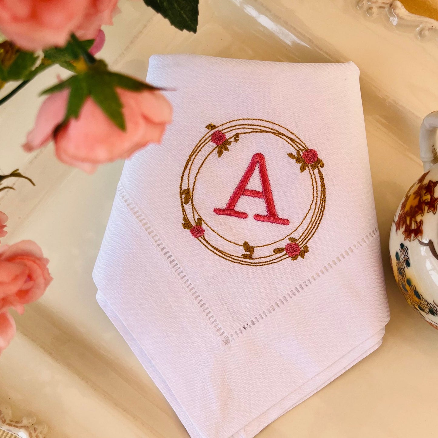 Monogrammed Linen Dinner Napkins Set of 2,  Hemstitched Rose Wreath design, Wedding Tableware