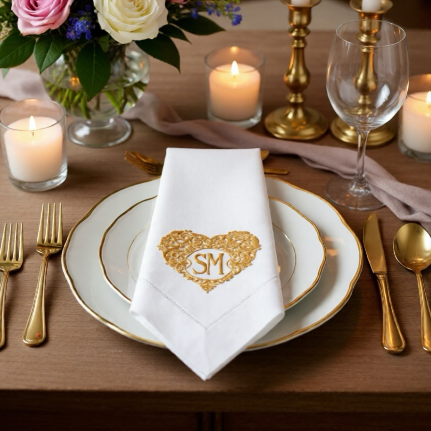 Monogrammed Linen Dinner Napkins: Embroidered Heart Frame, Set of 2, Home Decor