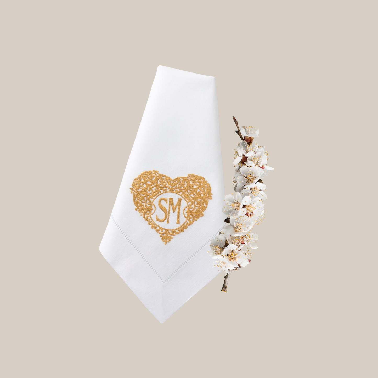 Monogrammed Linen Dinner Napkins: Embroidered Heart Frame, Set of 2, Home Decor