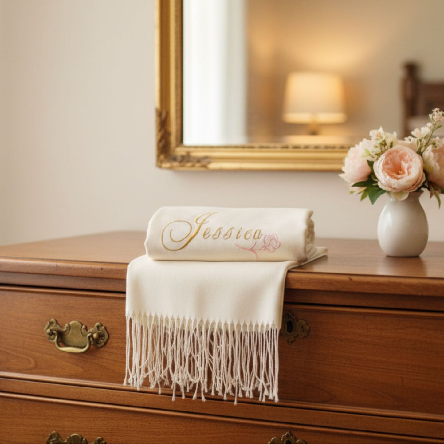 Personalized Ivory Pashmina, Monogrammed Custom Bridesmaid Scarf