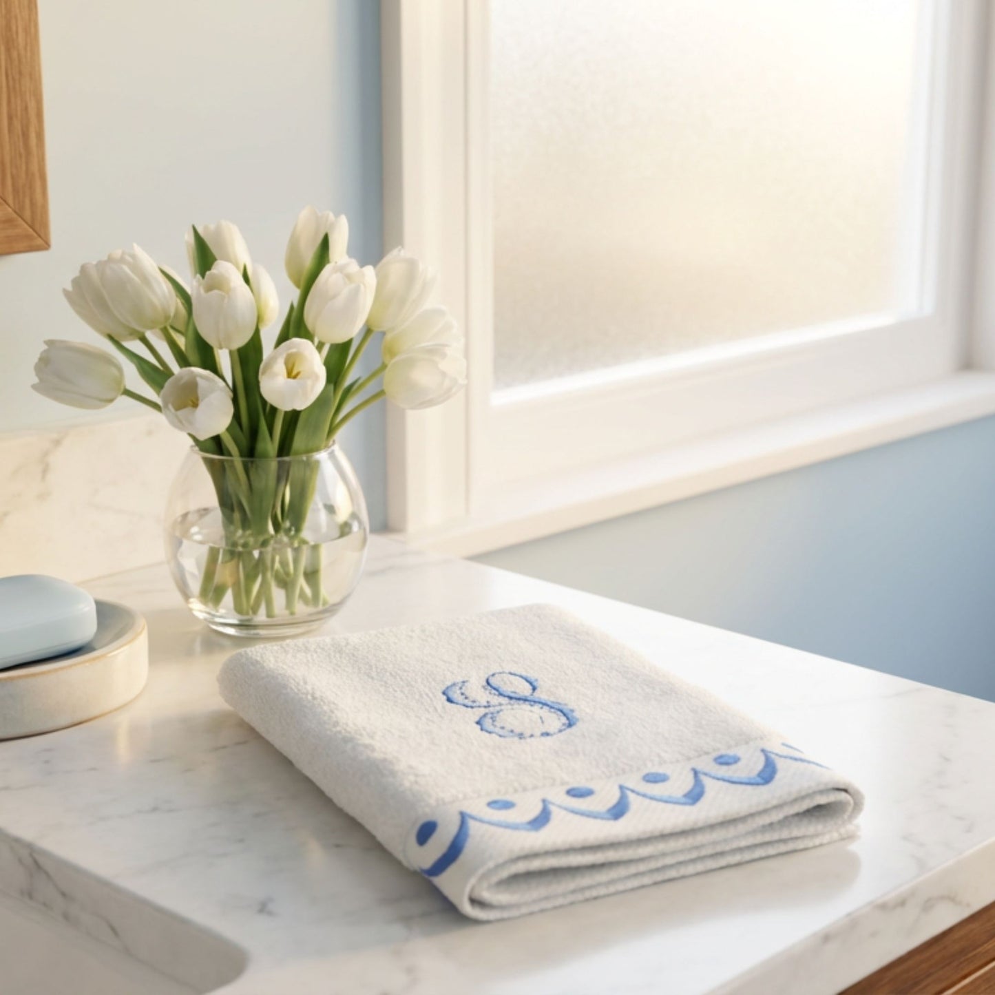 Scallop border bath towel set - Custom monogram embroidered - Bathroom decor